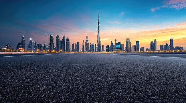 Empty asphalt road leading to Dubai skyline at sunrise - Powered by Adobe