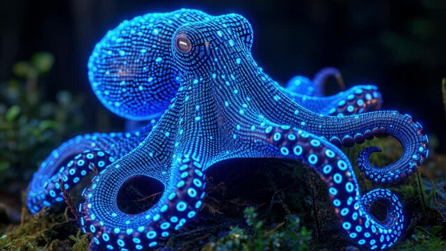 Vibrant octopus displaying intricate bioluminescent blue patterns on its body, set against a dark underwater backdrop with subtle natural elements.