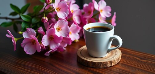 White ceramic coffee cup, wooden coaster, blooming flowers Serene coffee moment,  background, minimalist