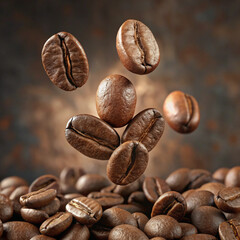 Close-Up Roasted Coffee Beans: Close-up view of roasted coffee beans with a warm background, suitable for cafe branding, packaging, menus, and food marketing.