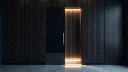 Modern minimalist interior design featuring a sleek dark wood paneled wall with a hidden illuminated sliding door