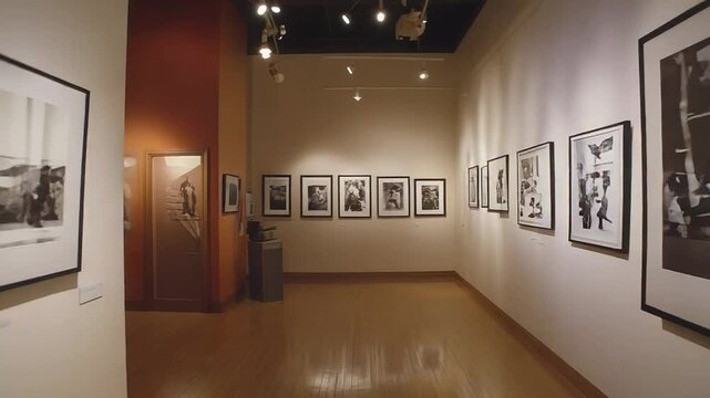 Photography exhibition in art gallery with black and white framed photos