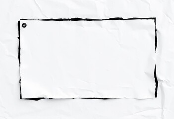 Wrinkled white paper, distressed black border  Perfect for art, messages, invitations,  worn,  paper texture