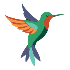 Stylized hummingbird with vibrant green body and orange wings in flight