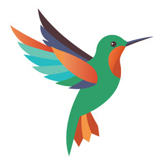 Stylized hummingbird with colorful wings in flight on a white background