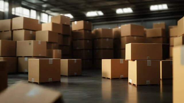 Cardboard boxes stacked in distribution warehouse storage facility