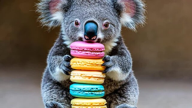 A koala bear sits and holds a stack of colorful macarons