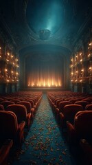 Grand theater interior with illuminated stage and empty red velvet seats, showcasing timeless elegance