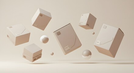 Fototapeta premium Floating minimalist beige product packaging boxes and spheres in a clean studio. Modern design concept for branding and e-commerce.