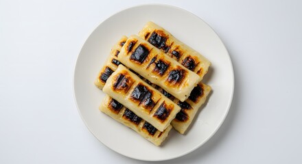 Grilled Fish Cakes, Golden-Brown with Charred Edges, on a White Plate