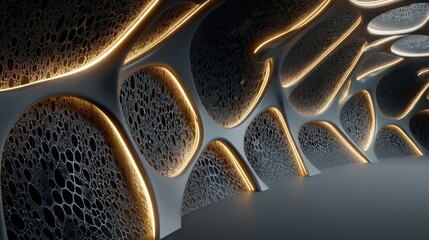 Organic glowing cellular pattern on a dark futuristic wall