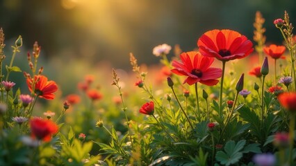 Obraz premium Vibrant Red Blooms Bathed in Golden Hour Sunlight, a Serene Meadow Scene of Nature's Beauty