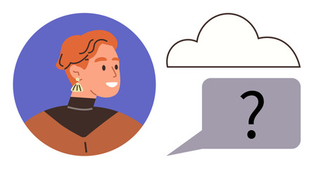 Woman with short hair beside thought cloud and speech bubble with question mark. Ideal for creativity, problem-solving, questions, communication, brainstorming, curiosity, simple flat metaphor