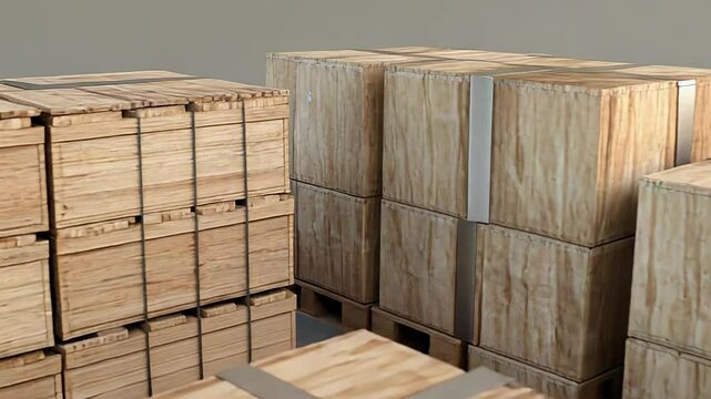 Shipping crates resting on wooden pallets in warehouse setting