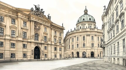 Obraz premium European architecture drawing of a city street scene.