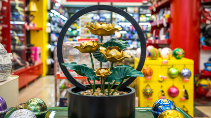 A decorative indoor fountain with three golden lotus flowers on green stems, framed by black circle
