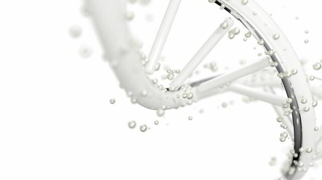 DNA molecule and metal particles. White appearance, Mixed with shiny metal. Can be used in cosmetics, science or education background.On white background and Green Screen. 3D Render.