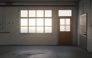 Sunrise Through Industrial Room Window and Door