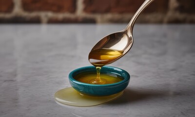 Golden yellow honey dripping from silver spoon into teal bowl on marble surface