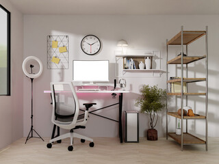 Chic streaming room design with white tones and sleek furnishings. 3D render illustration