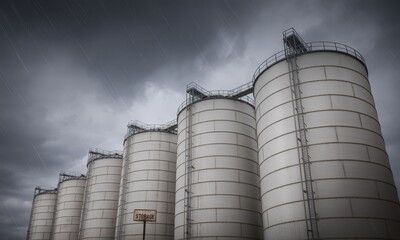 Obraz premium Towering industrial storage silos under a dramatic stormy sky with rain, symbolizing industry and weather