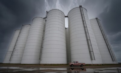 Towering white industrial storage silos under a dramatic stormy sky with a pickup truck