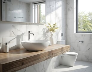 A bright bathroom featuring a modern sink and faucet with a wooden countertop and white marble tiles