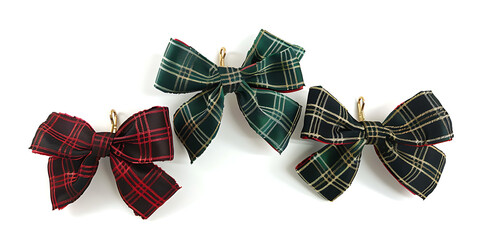 
Three festive plaid bows in red green and black-green with gold accents

