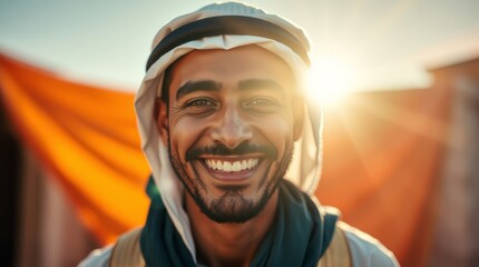smiling man of oriental appearance against the background of tents on the street against the background of a ray of sunshine