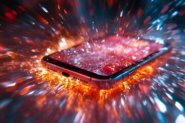 A smartphone is engulfed in a vibrant explosion of colorful light and energy particles