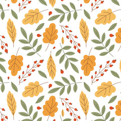 Autumn seamless pattern with leaves, berries. Falling autumn leaves. Autumn botanical background. For design of banners, fabrics, textiles, wallpaper. Vector illustration