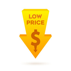 Low Price Promo Offer, Shopping and Sale Isolated Tags, Cost Reduction, Discount Label. Cost reduction icon price lower arrow. Vector low cost money crisis line icon. Vector illustration