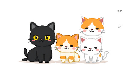 Obraz premium a group of four cute cartoon cats with different fur patterns and expressions, standing in front of a height measurement chart, illustrating sizes from 3 inches to 5 inches, 4K and HD image.