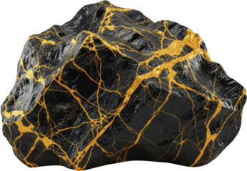 Black rock with intricate golden veins and textured surface Stone Mineral