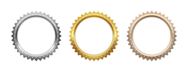 Gold, silver and bronze medals with numbers place set. Realistic isolated trophy medal collection with metal reward badges for winners, champions, quality certificate, warranty. Vector illustration