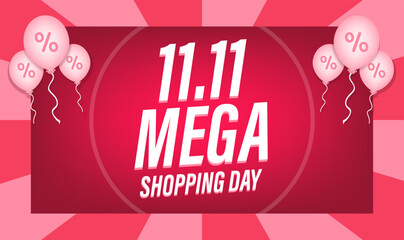 11.11 Mega Shopping Day Sale Poster or Flyer Design. World Shopping Day Sale on Colorful Background. 11.11 Crazy Sales Online. Vector illustration