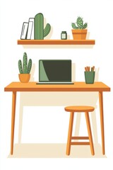 Modern minimalistic workspace featuring a desk, laptop, and stylish accessories