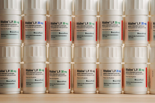 Strasbourg, France - June 2025 : A carefully arranged group of pharmaceutical bottles showcasing distribution and labeling. Perfect for concepts as healthcare medical systems, and organized design