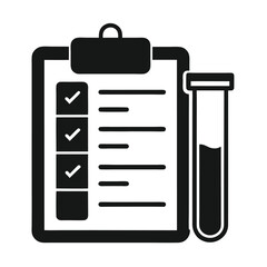 medical checklist and test tube icon, silhouette vector symbol for lab diagnostics, healthcare procedures, and clinical testing