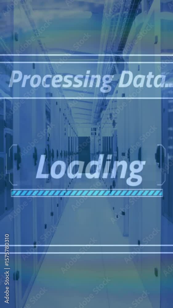Poster animation of multiple texts and loading bar over computer language against server room in background