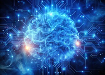 futuristic neural network with glowing blue circuitry and dynamic smoke swirling around it