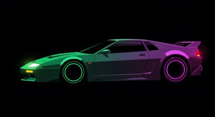 Naklejka premium Retro futuristic sports car, vibrant neon colors, side profile.