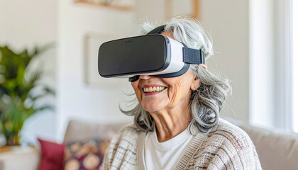 portrait of a old woman with with Headset 3D VR Glasses
