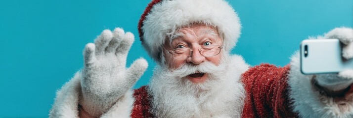 Obraz premium Santa Claus takes a cheerful selfie against a bright blue background during the holiday season