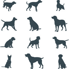 Dog silhouette vector collection, pet animal poses, sitting and standing dogs, black icon illustration set, isolated clipart, domestic dog graphic design