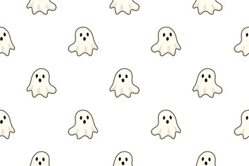 Fototapeta premium Seamless pattern with cute and spooky ghosts perfect for Halloween-themed designs, backgrounds, textiles, wrapping paper, and festive decorations in vector style. Isolated transparent backgraund