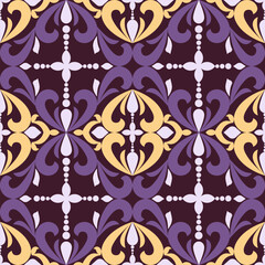 florals fabric pattern Damask style hand drawn and geometric purple ,yellow   
