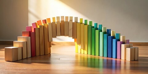 Obraz premium Colorful Wooden Blocks Forming a Bridge and Staircase on a Hardwood Floor Illuminated by Sunlight