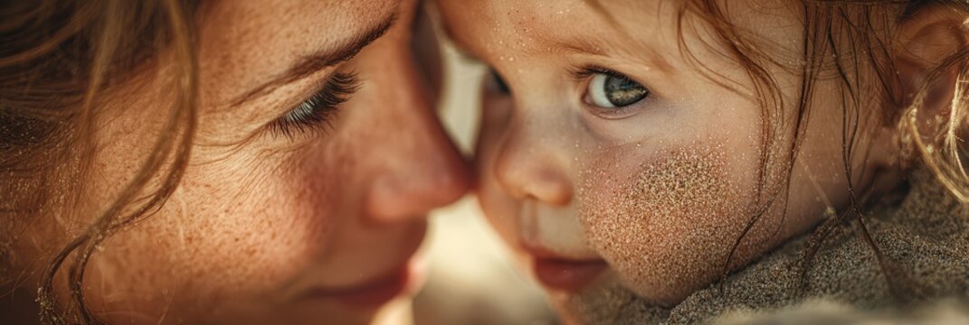 Mother and child share a tender moment on a sunny day at the beach with sand on their faces