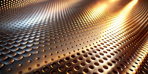 Abstract Metallic Surface with Dimpled and Perforated Texture Showing a Wave Pattern in Warm Golden Hues